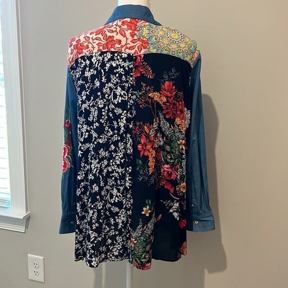 EUC Caleoas Mixed Media‎ Patchwork Drapey Button Down Top Blouse Large L Boho - Picture 8 of 16